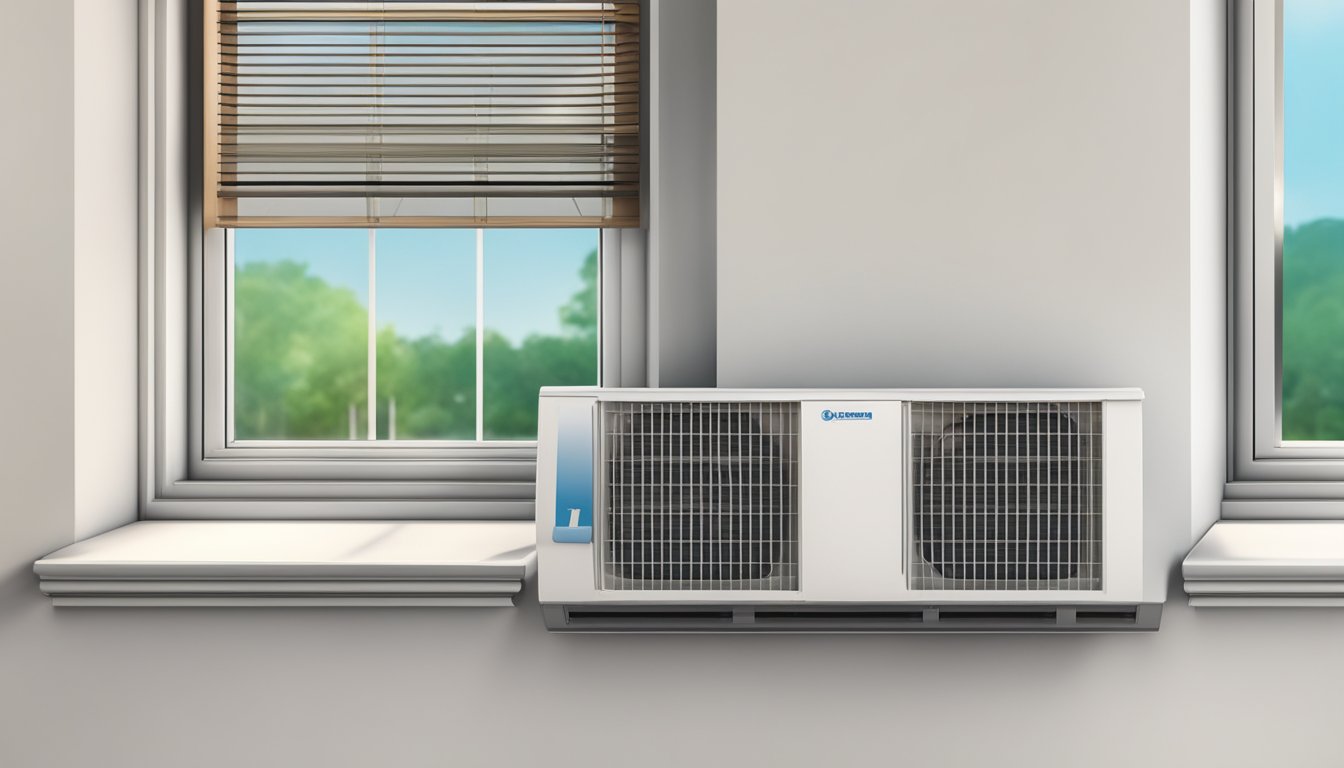 A modern air conditioner sits on a window sill, with a price tag and energy efficiency label visible