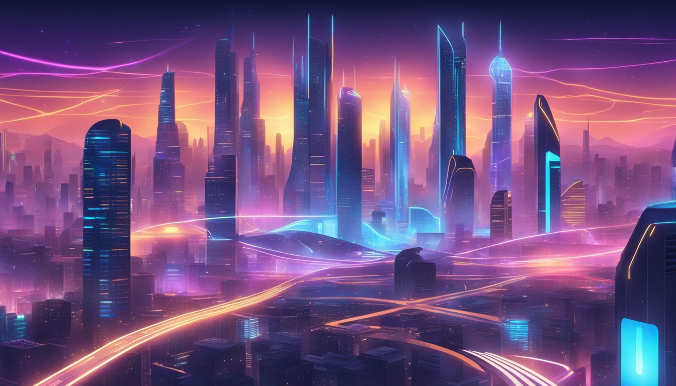 A futuristic cityscape with sleek, interconnected buildings and advanced technology. The skyline is illuminated by neon lights and holographic displays
