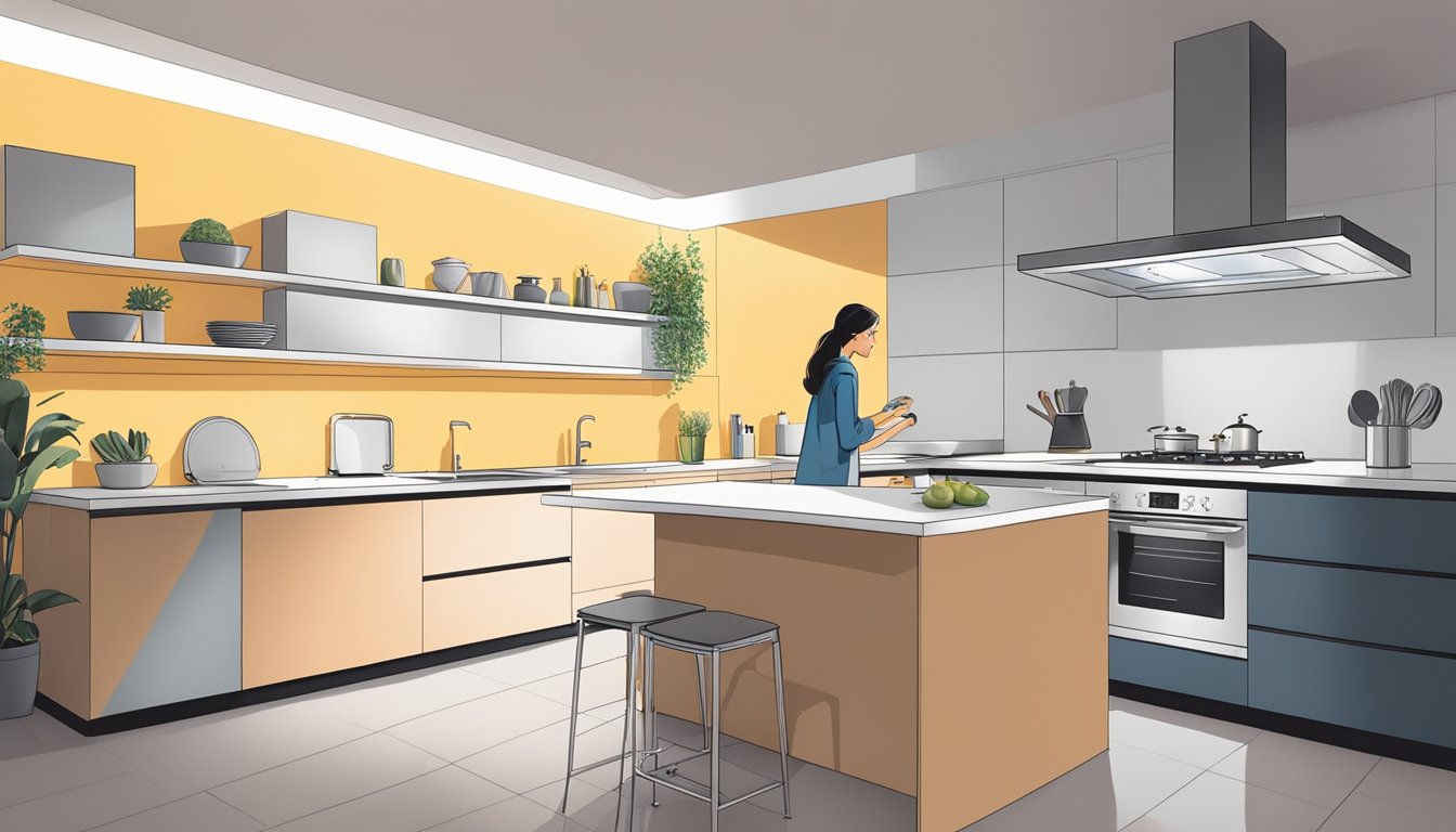 A woman carefully measures her kitchen space, comparing various cooker hoods on display. Bright lights illuminate the sleek designs, while she considers the functionality and style of each option