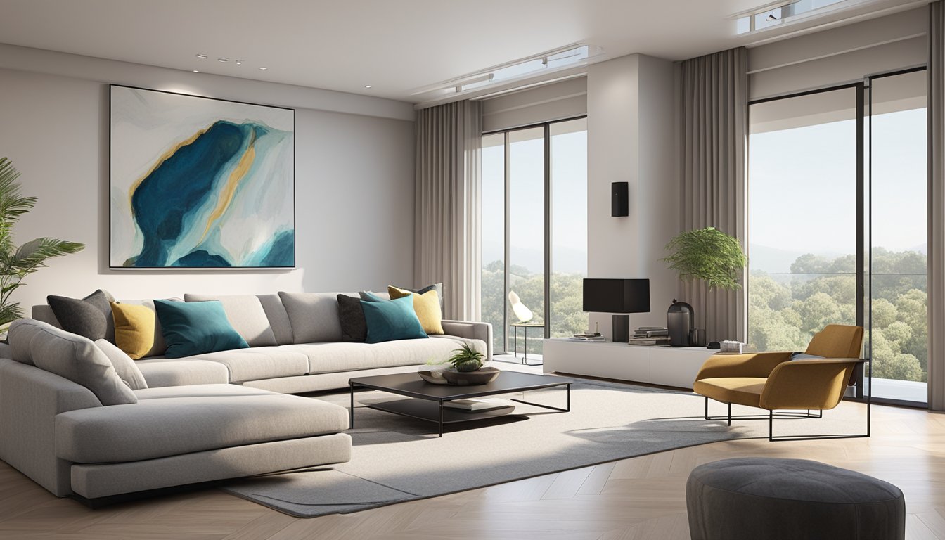A sleek, open-concept living room with high ceilings, floor-to-ceiling windows, and minimalist furniture. A large, plush sofa faces a wall-mounted flat-screen TV, while a marble fireplace adds a touch of elegance