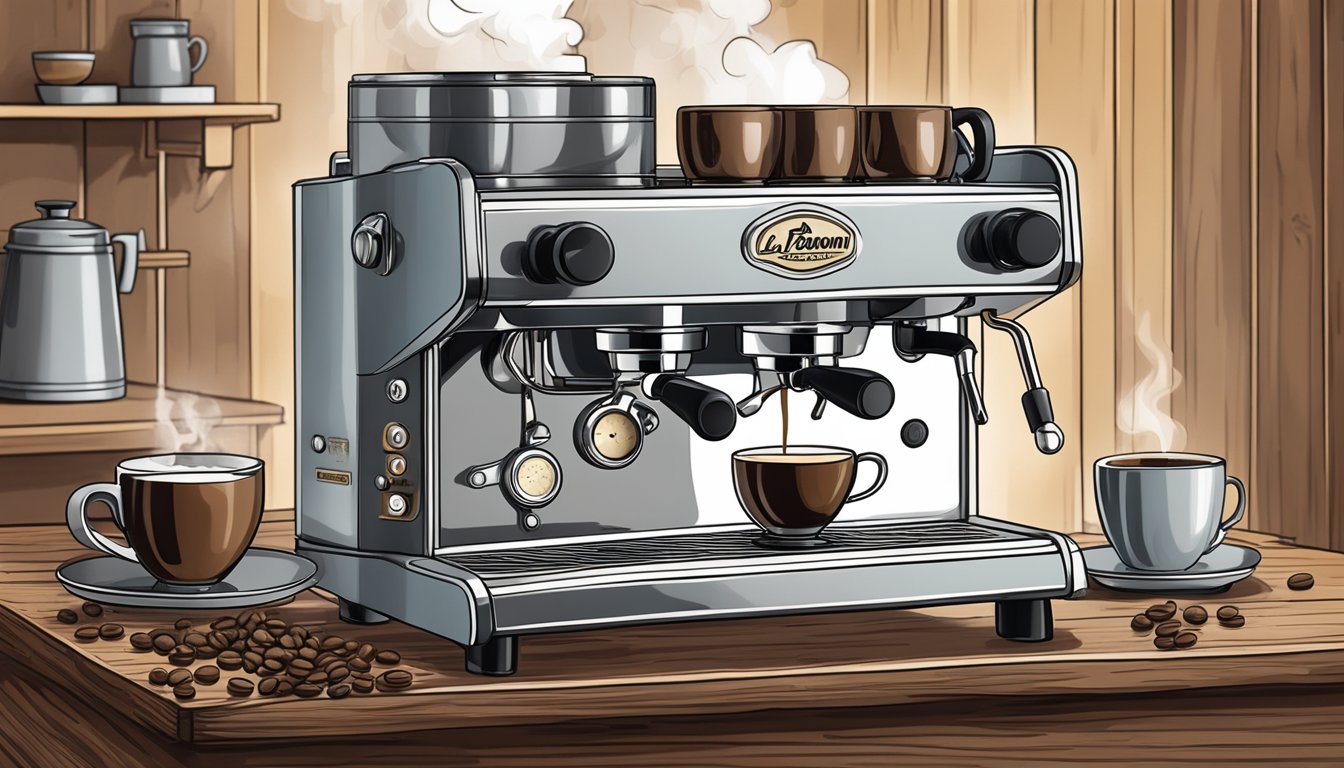 A vintage La Pavoni espresso machine sits on a rustic wooden countertop, surrounded by steaming cups and coffee beans