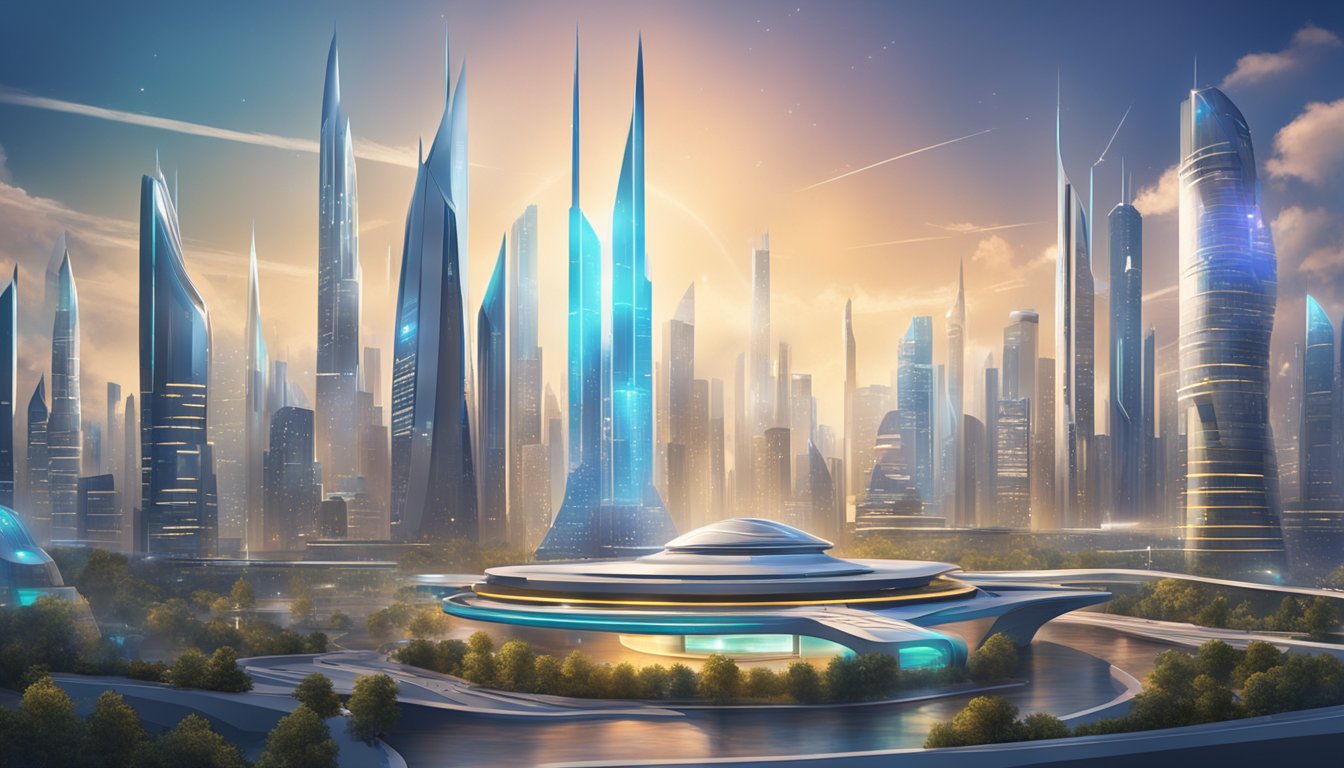 A futuristic cityscape with sleek, interconnected buildings and advanced technology. The skyline is dominated by the headquarters of Innovative Omni Design Technologies