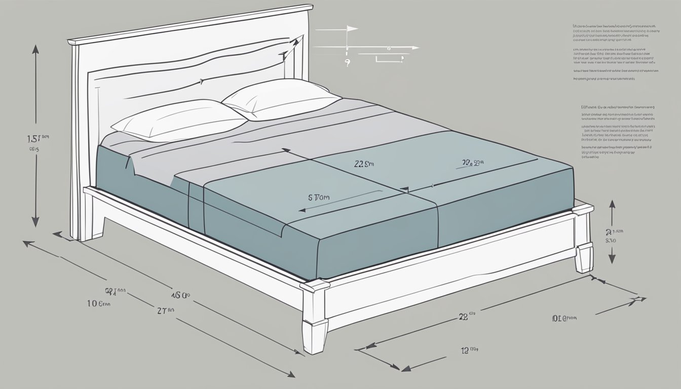 A queen size bed, with dimensions labeled, surrounded by question marks and an arrow pointing to the measurements