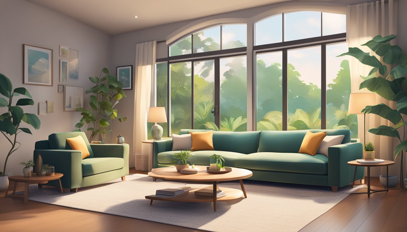 A cozy living room with smart home technology and comfortable furniture, surrounded by lush greenery and natural light