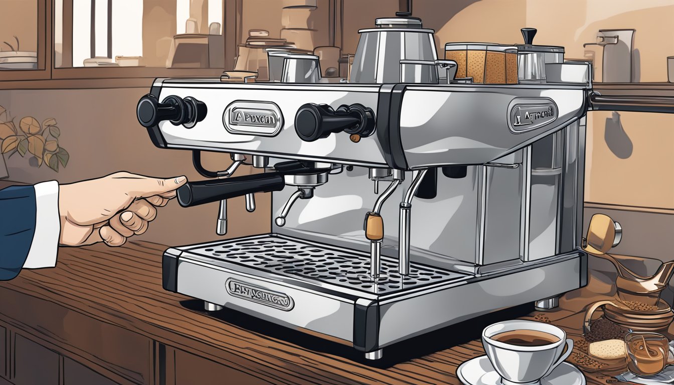 A hand reaches for the La Pavoni espresso machine. Steam rises from the spout as the rich aroma of coffee fills the air