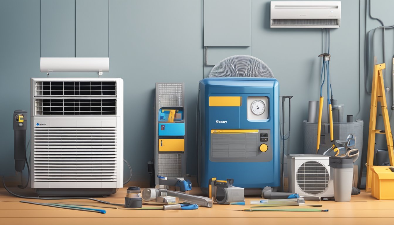 An air conditioner unit sits next to a price tag and a running cost chart, surrounded by various tools and equipment