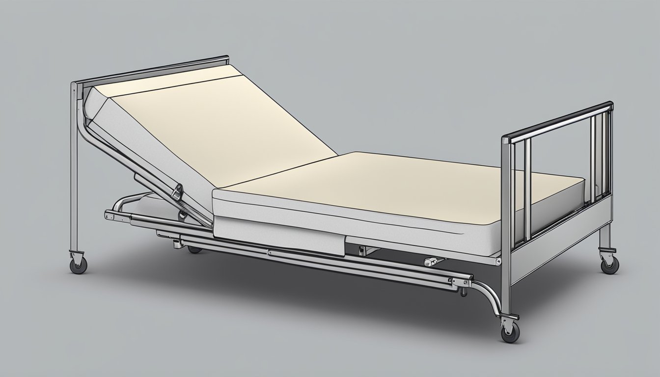 A folding bed unfolds against a plain wall, revealing its metal frame and hinged joints