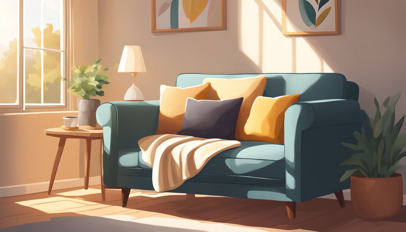 A cozy loveseat sits by a window, adorned with soft pillows and a warm throw blanket. The sunlight streams in, casting a gentle glow on the inviting piece of furniture
