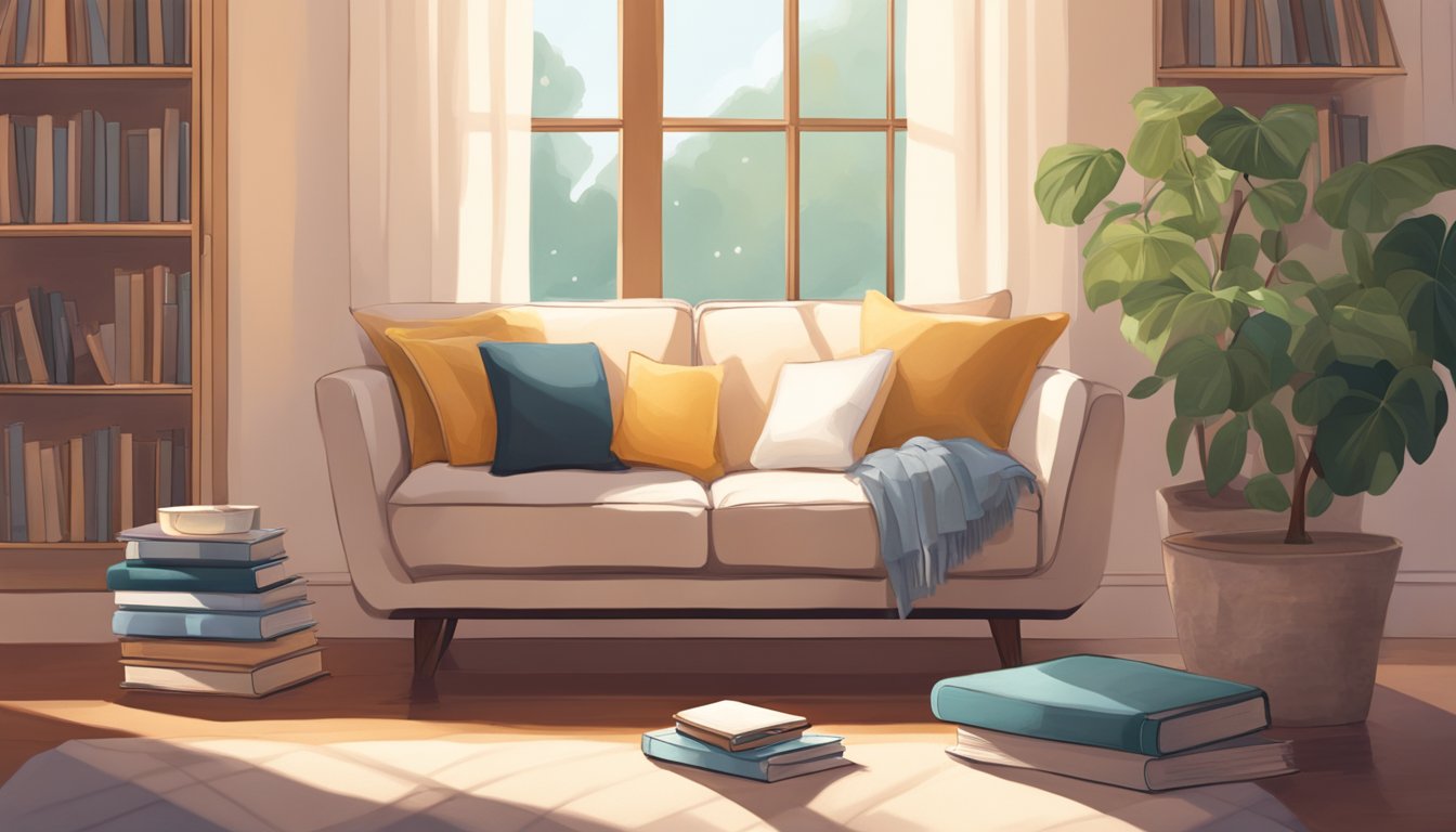 A cozy loveseat nestled in a sunlit nook, adorned with plush pillows and a soft throw blanket. Nearby, a small table holds a steaming cup of tea and a stack of books