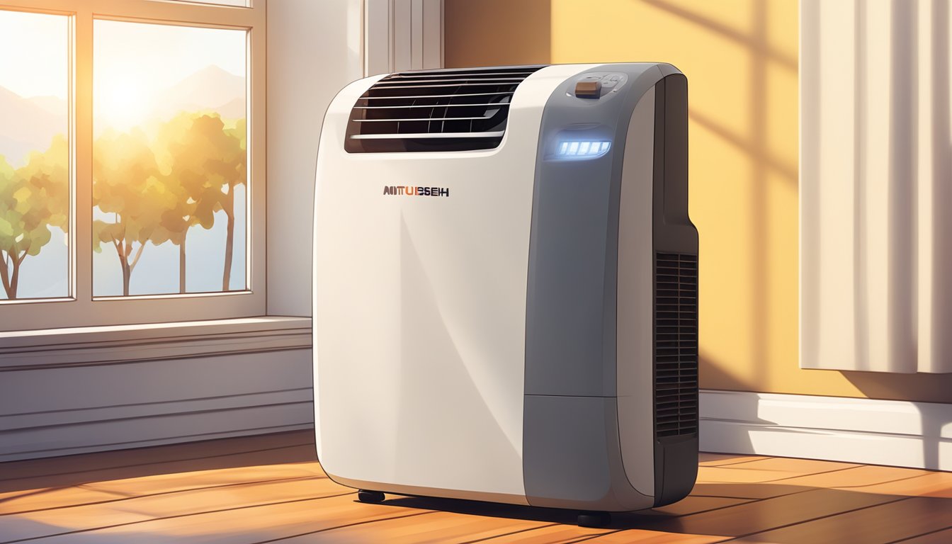 A Mitsubishi portable aircon sits on a wooden floor next to a window, with sunlight streaming in and casting a warm glow on the room