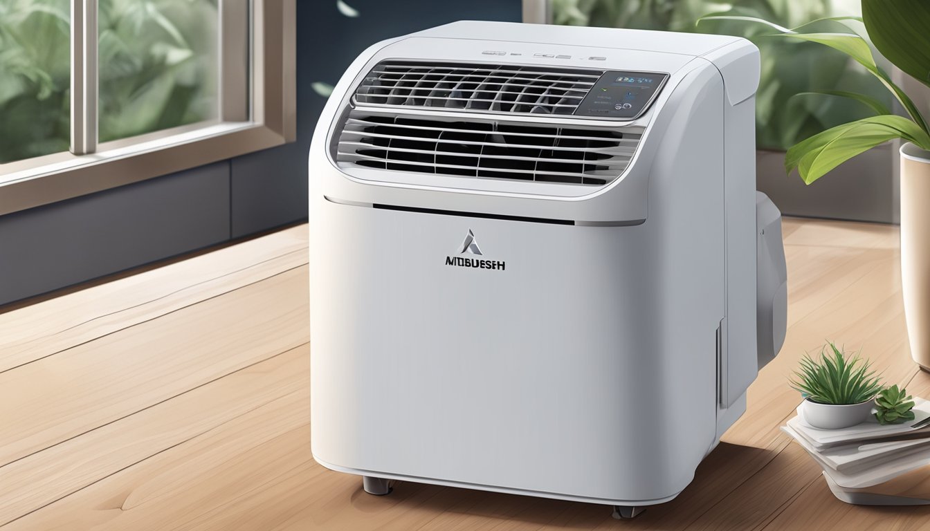 A Mitsubishi portable aircon sits on a table, emitting cool air with its sleek design and innovative features