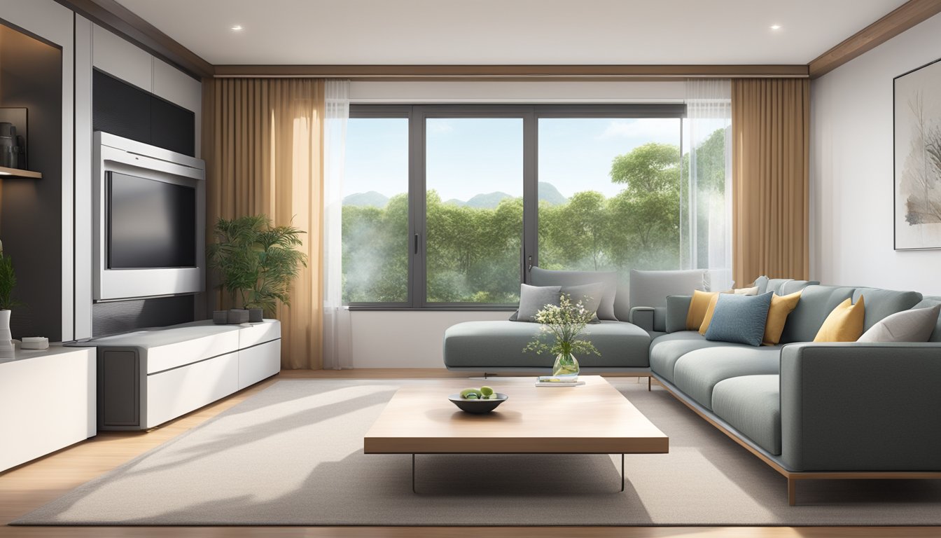 A Mitsubishi portable aircon cools a modern living room, with sleek design and quiet operation
