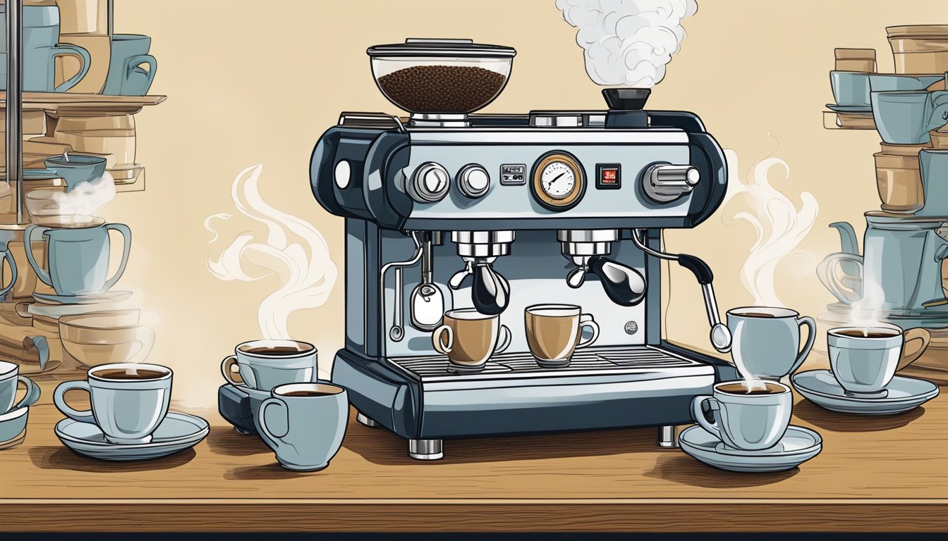 A vintage La Pavoni espresso machine surrounded by a stack of coffee cups and steam rising from the spout