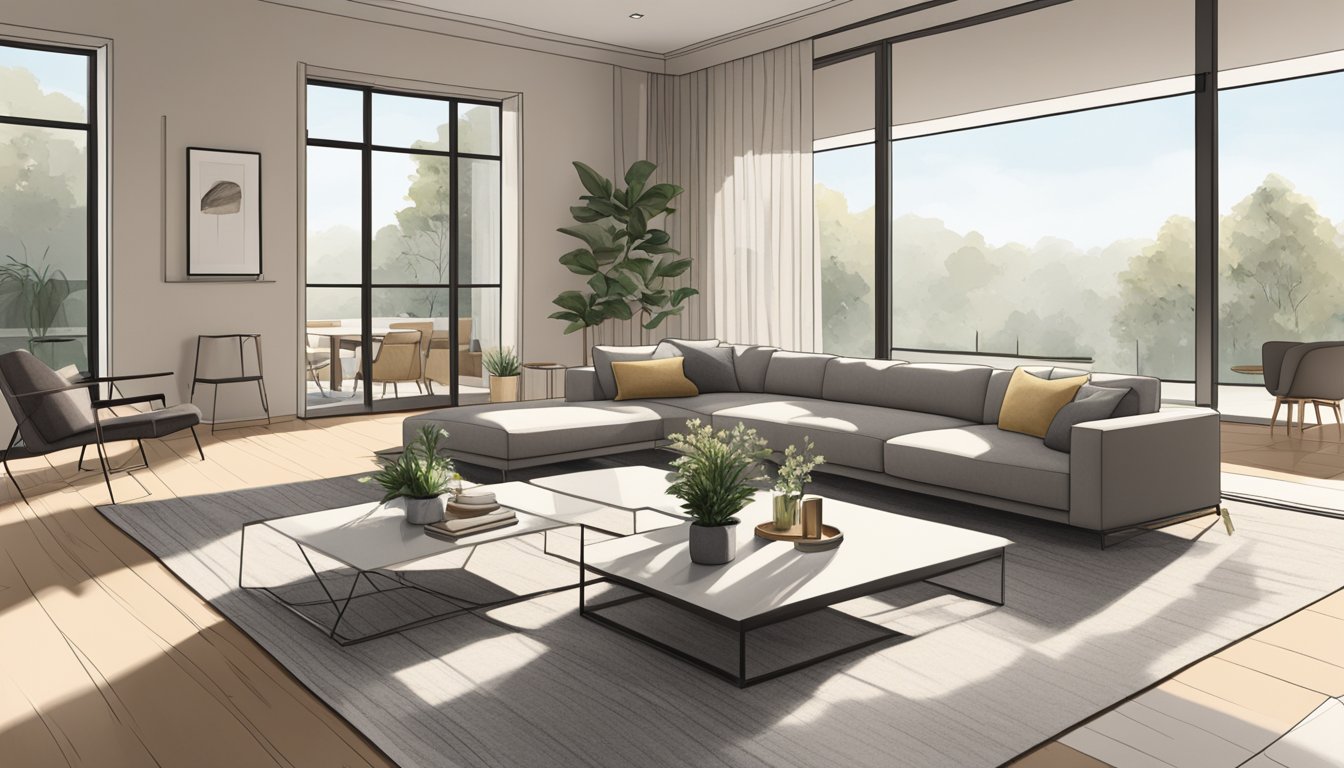A sleek, open-concept living room with minimalist furniture, large windows, and a neutral color palette. A statement piece of art hangs on the wall, and a cozy rug anchors the space