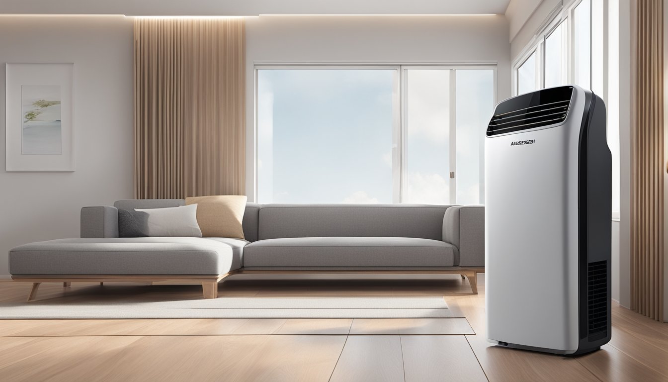 A Mitsubishi portable aircon sits on a clean, modern room floor, with a sleek design and digital display. A remote control rests nearby