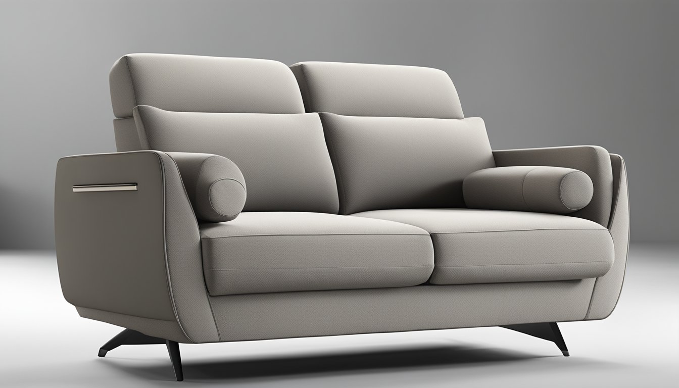 A modern loveseat with sleek lines and adjustable headrests. The upholstery is a soft, neutral fabric, and there are built-in USB ports for charging devices