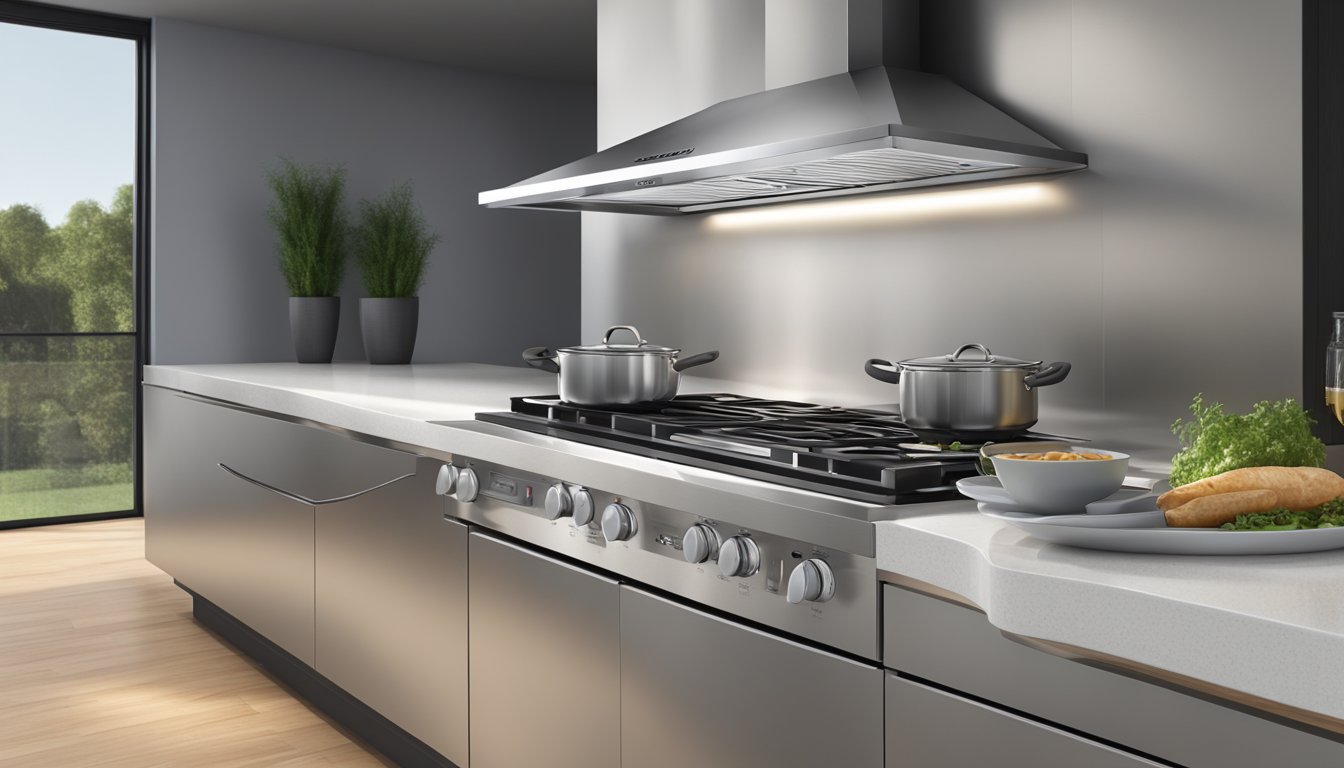 A stainless steel recirculating cooker hood mounted above a modern stovetop, with sleek, curved edges and a built-in light