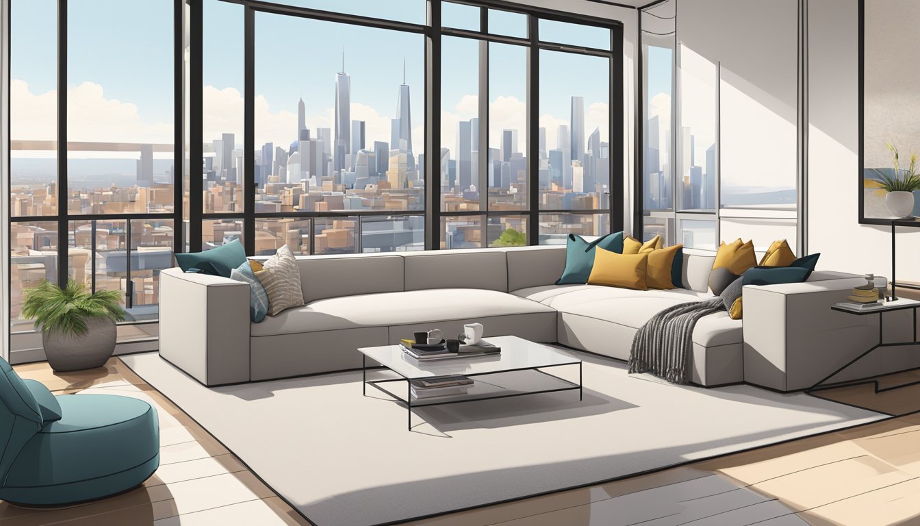 A sleek, minimalist living room with a large, L-shaped sofa, a statement coffee table, and floor-to-ceiling windows overlooking a city skyline. A neutral color palette with pops of bold accent colors creates a contemporary and inviting space