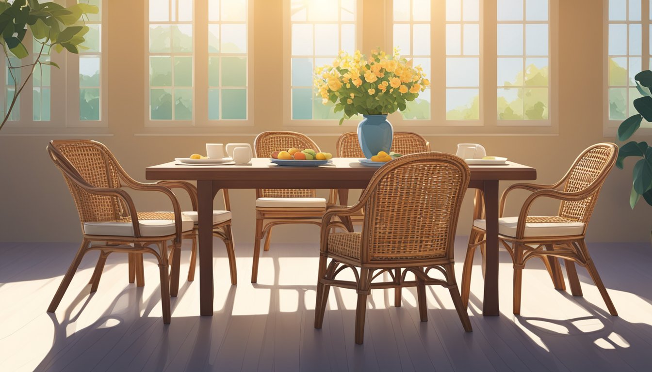Four rattan dining chairs arranged around a wooden table with a vase of flowers in the center. Sunlight streams through the window, casting shadows on the chairs
