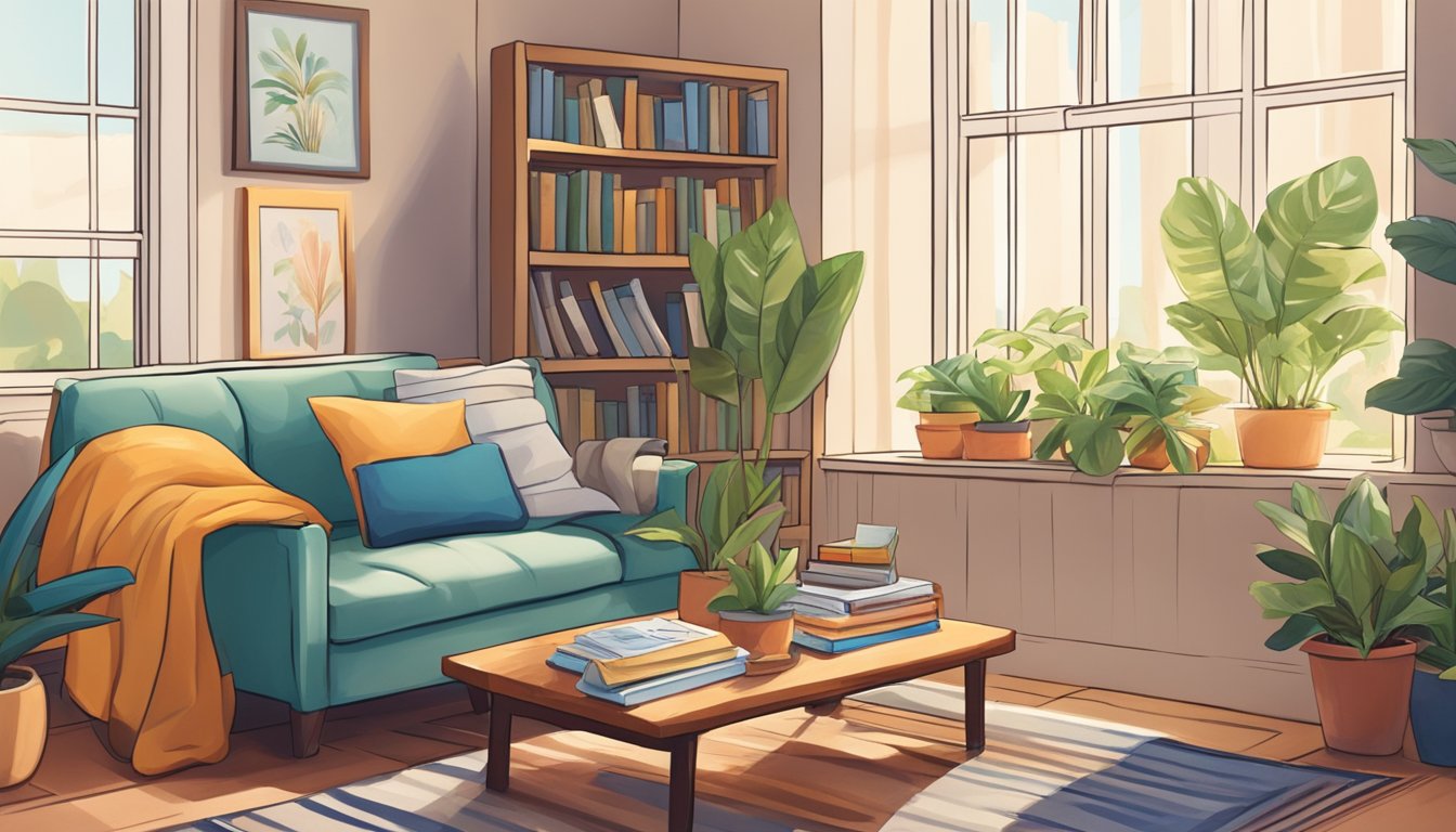 A cozy loveseat surrounded by a stack of colorful books and a potted plant, bathed in warm natural light from a nearby window