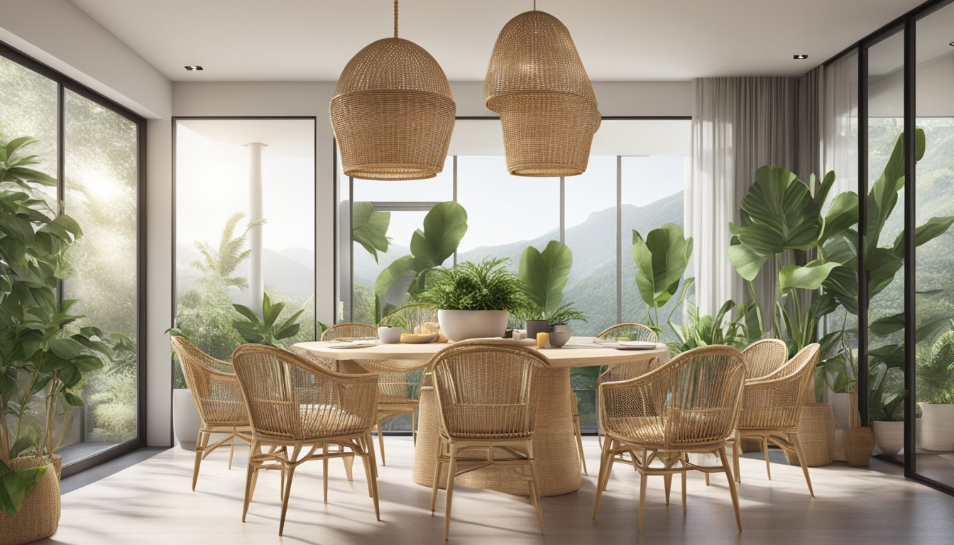 A dining area with rattan chairs arranged around a table, surrounded by plants and natural light