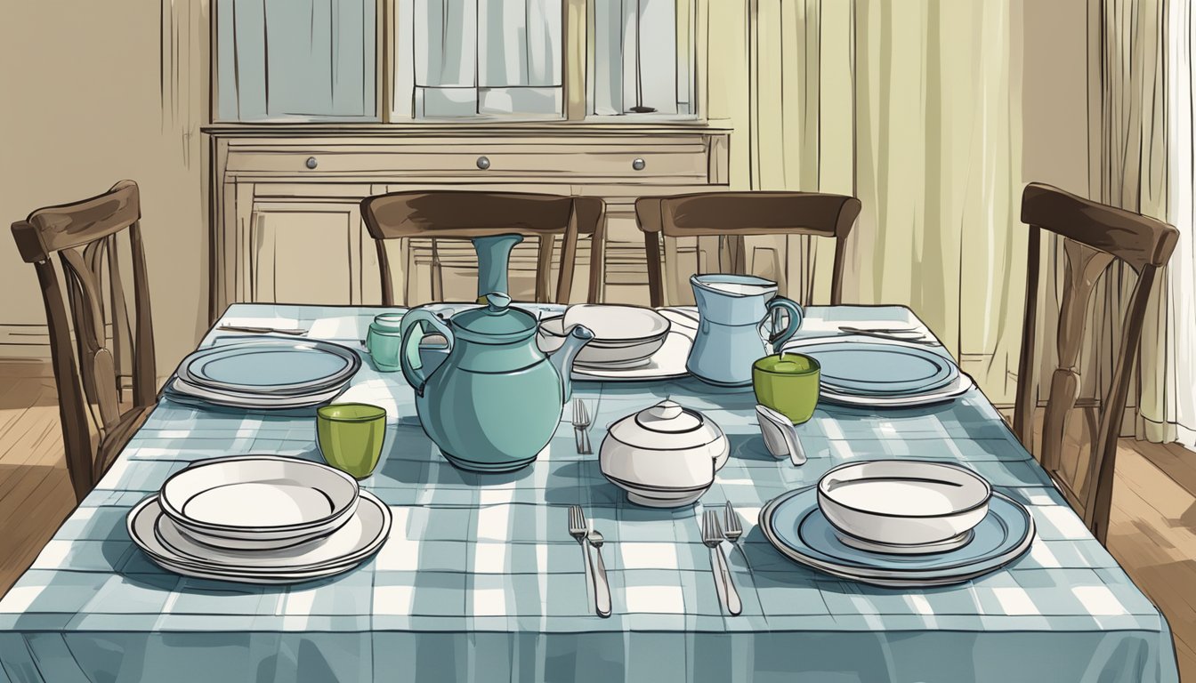 A simple dining table set with mismatched chairs, worn tablecloth, and chipped dishes