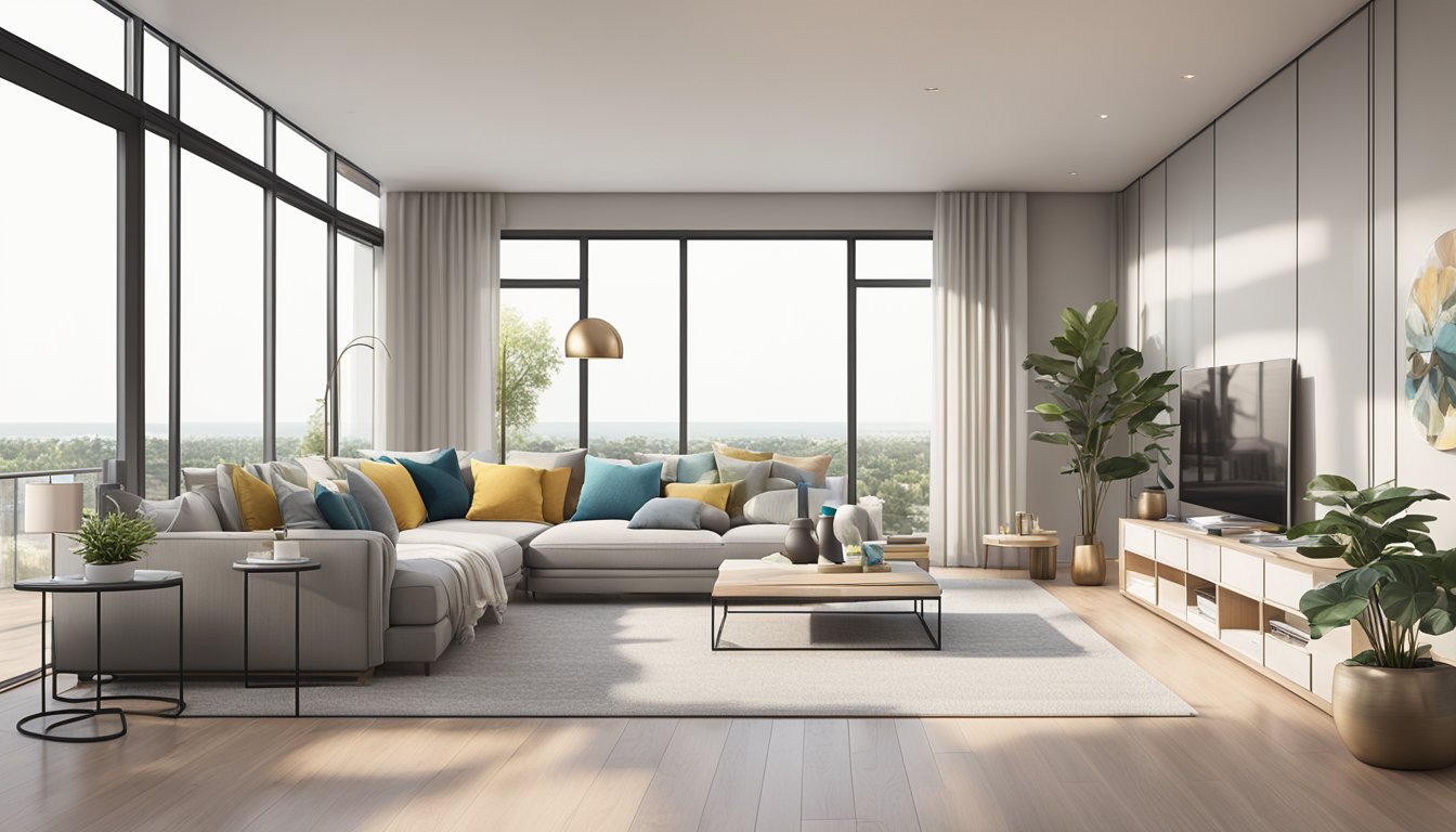 A modern condo living room with sleek furniture, minimalist decor, and ample natural light streaming in through large windows. The space is organized and clutter-free, with a neutral color palette and pops of color in the accent pieces