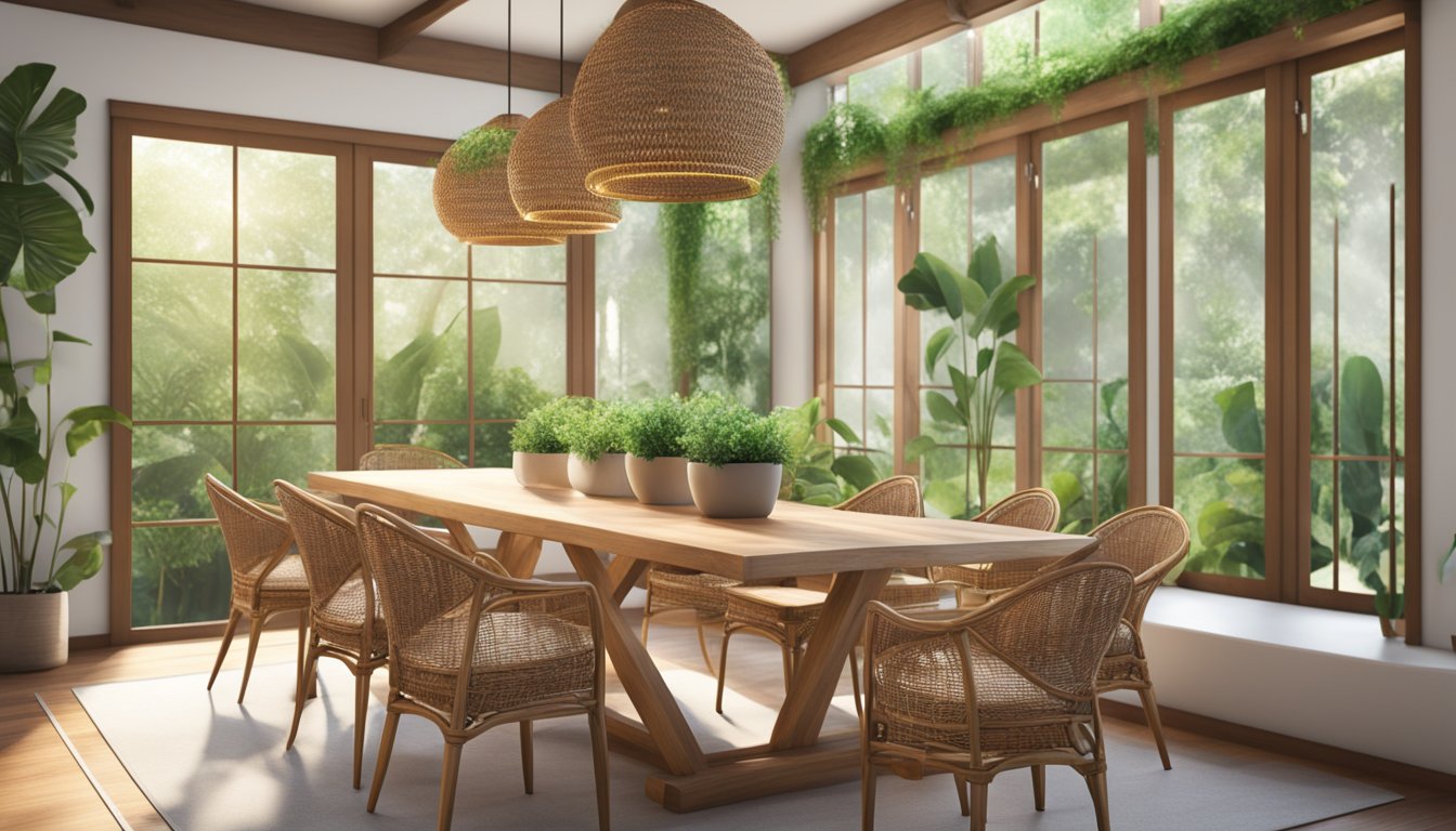 A cozy dining area with rattan chairs around a wooden table, surrounded by lush green plants and natural light streaming in through large windows
