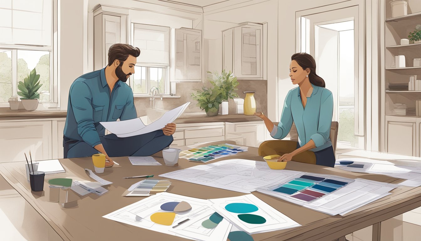 A couple sits at a table with blueprints, discussing their home renovation. Paint swatches and material samples are spread out in front of them