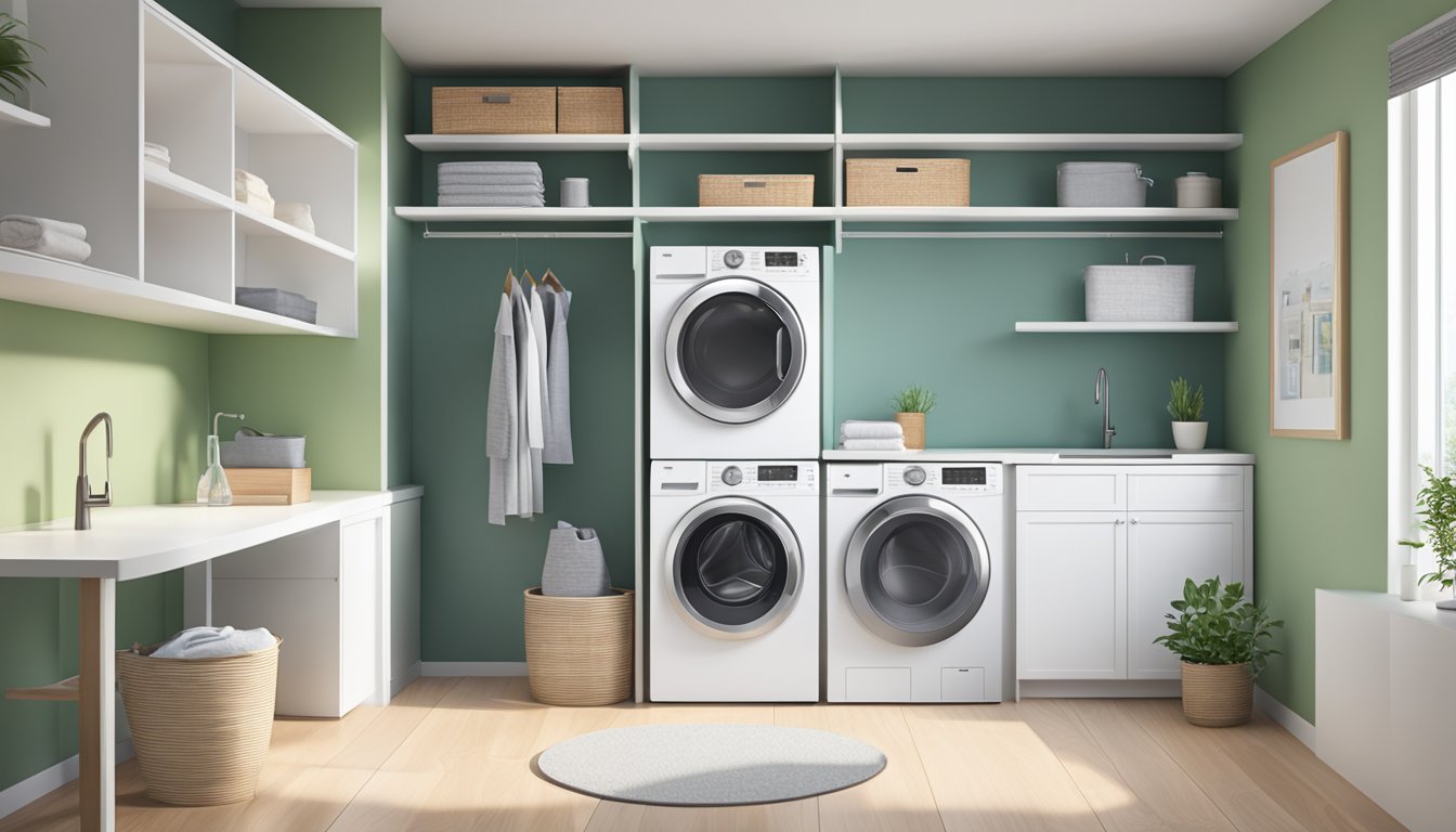 A modern washer dryer combo sits in a sleek laundry room, surrounded by clean, organized shelves and a bright, airy atmosphere