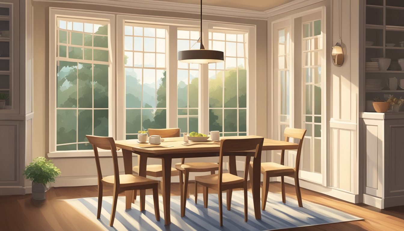 A cozy dining room with a simple, yet elegant, wooden table set for four. Soft natural light streams in through the window, casting a warm glow on the table