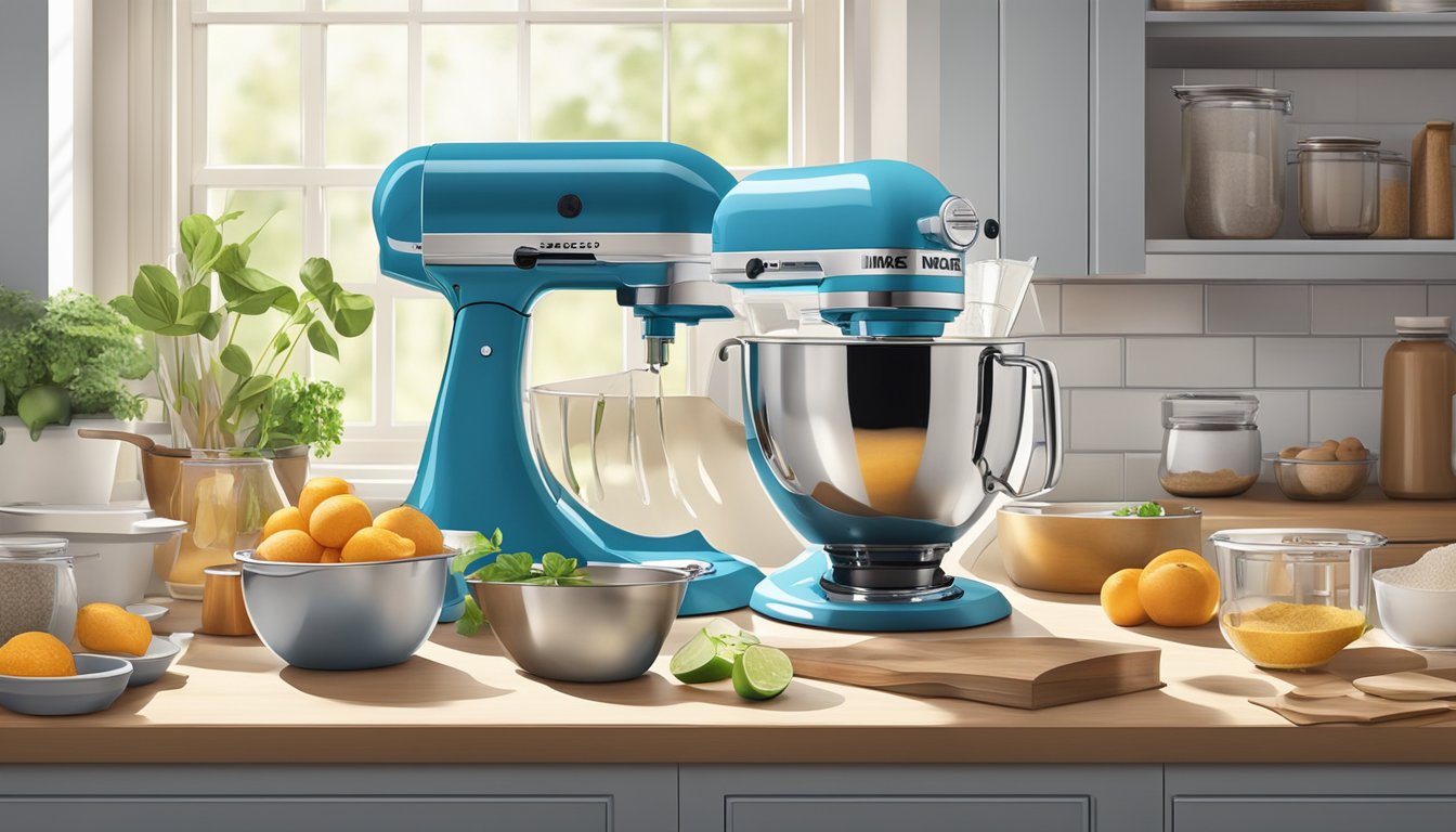 A stand mixer in a well-lit kitchen, surrounded by various ingredients and recipe books, with the mixer's attachments neatly organized nearby