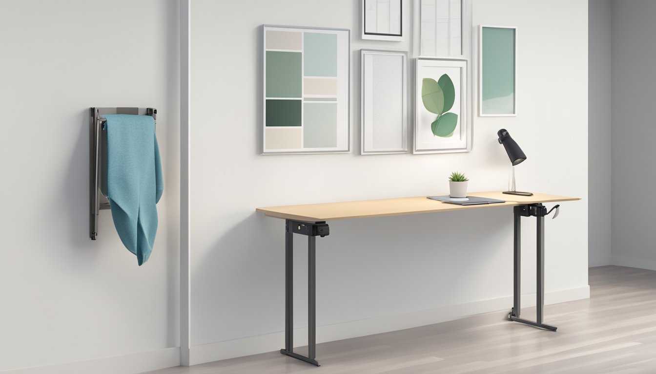 A foldable wall-mounted table is attached to a clean, white wall. The table is folded up and secured with a latch, with a few items neatly arranged on top