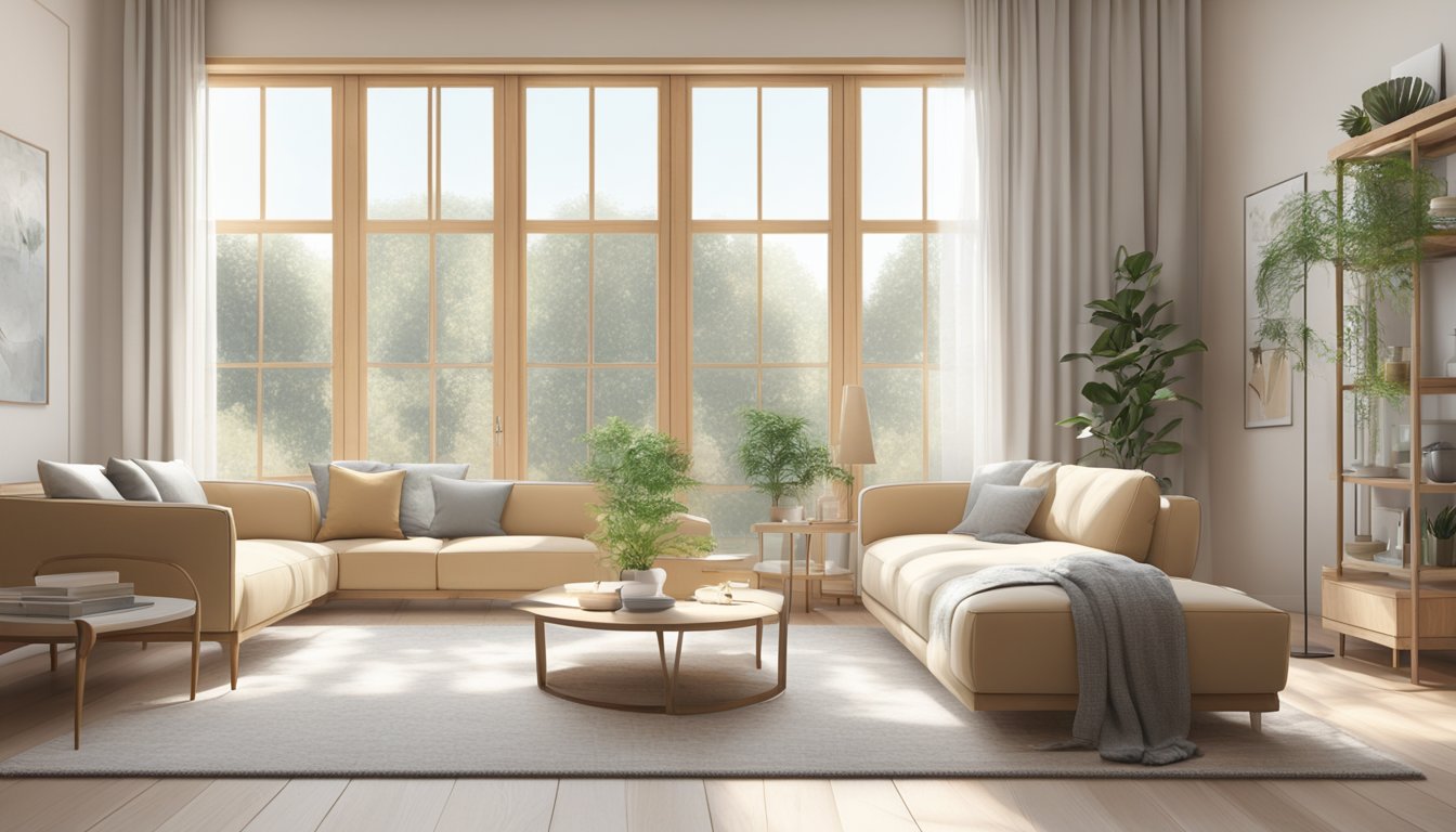 A bright, airy room with large windows and modern furniture. Soft, neutral colors and natural materials create a serene atmosphere