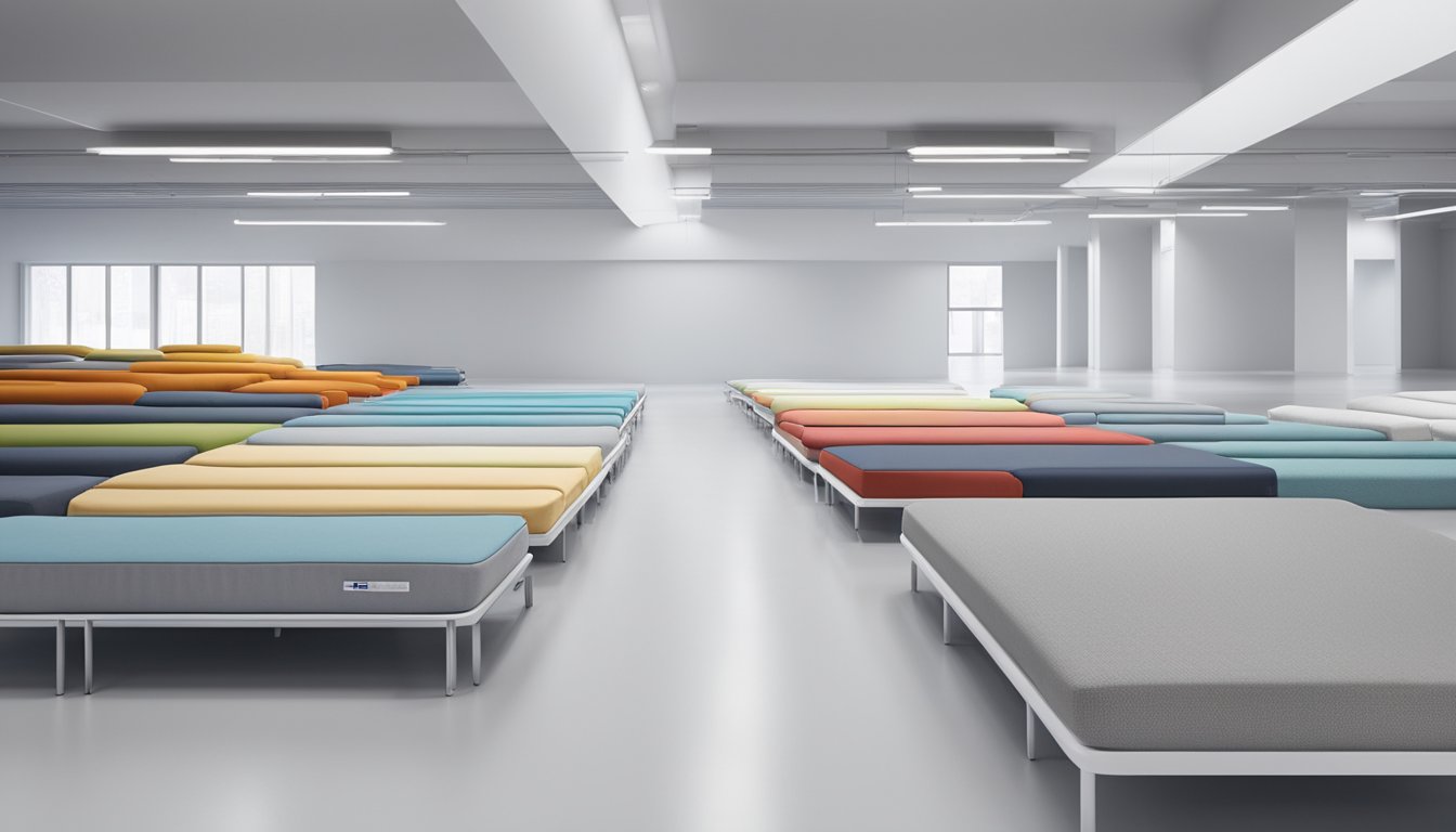 A row of mattresses in various sizes, from twin to king, lined up against a white wall in a spacious showroom