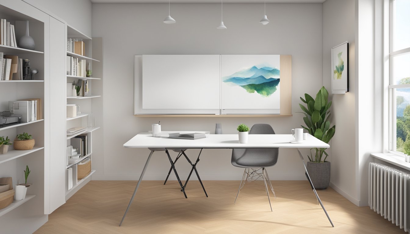 A foldable wall-mounted table is shown in use, with its sleek design and convenient features highlighted
