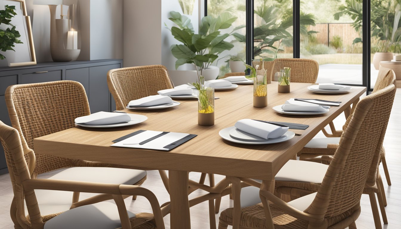 Rattan dining chairs arranged around a sleek table, with a stack of FAQ cards placed neatly on the surface