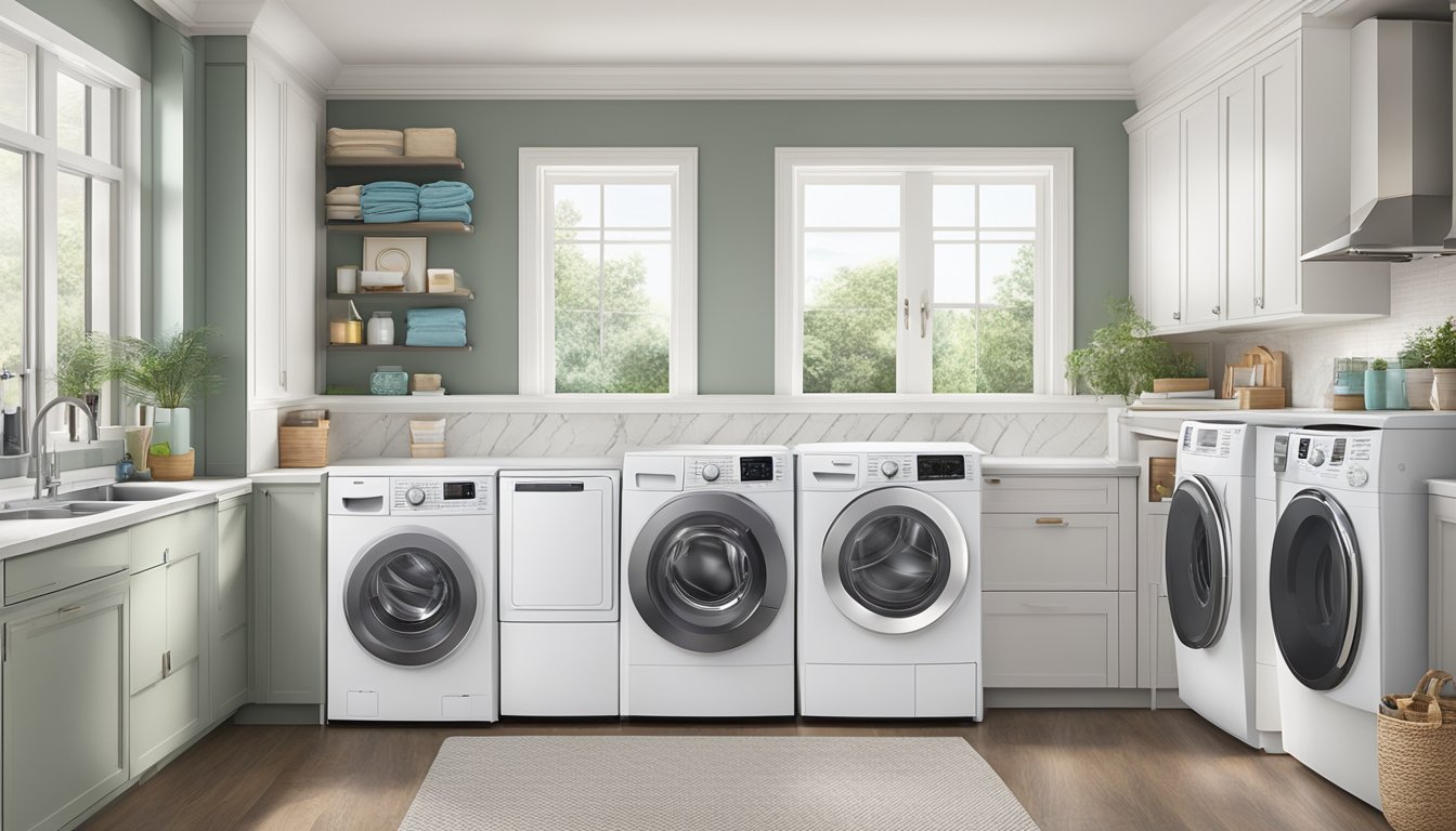 A hand reaches out to select the perfect washer dryer combo from a row of appliances, with various models and features on display