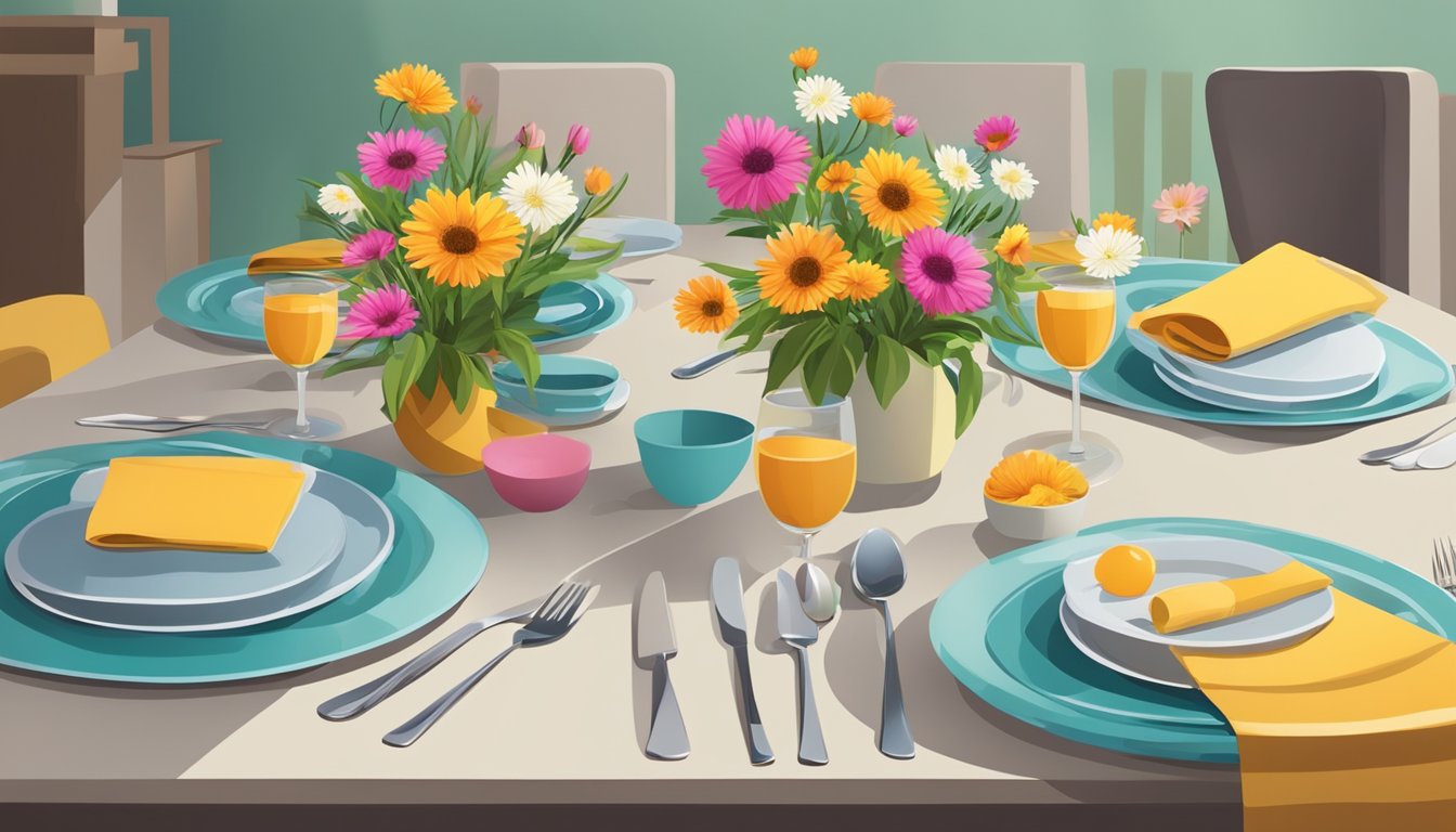 A dining area with a cheap table set, adorned with colorful placemats, a vase of fresh flowers, and a set of modern cutlery