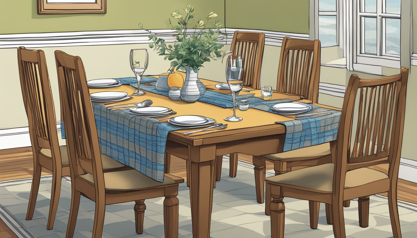 A dining table set with chairs, placemats, and utensils arranged neatly. A "Frequently Asked Questions" pamphlet is placed on the table