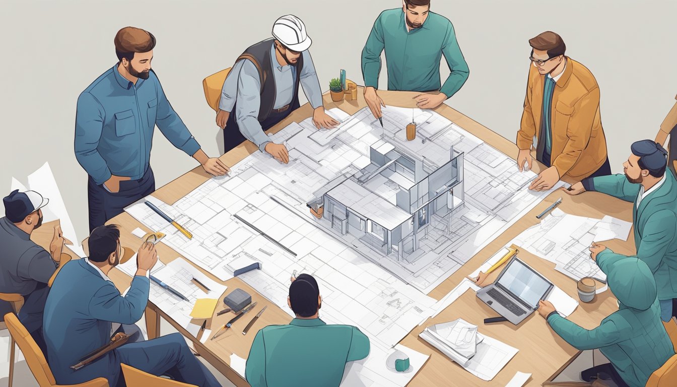 A group of people discussing and planning a renovation project, with blueprints and tools scattered on a table
