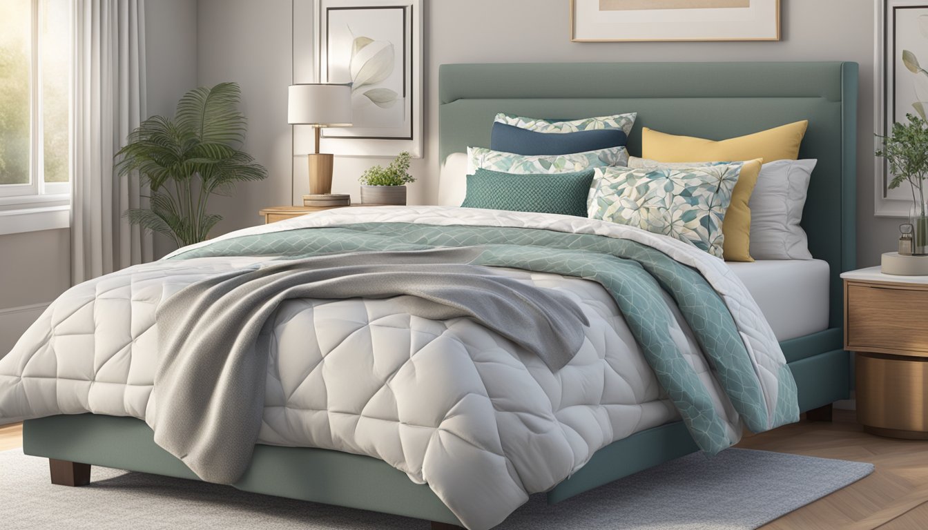 A queen-size mattress sits in a cozy bedroom, flanked by two nightstands and topped with fluffy pillows and a soft, patterned duvet