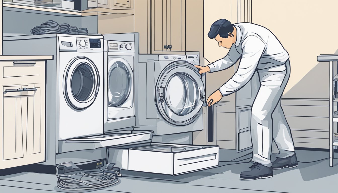 A technician installs and maintains a washer dryer combo, checking connections and functionality