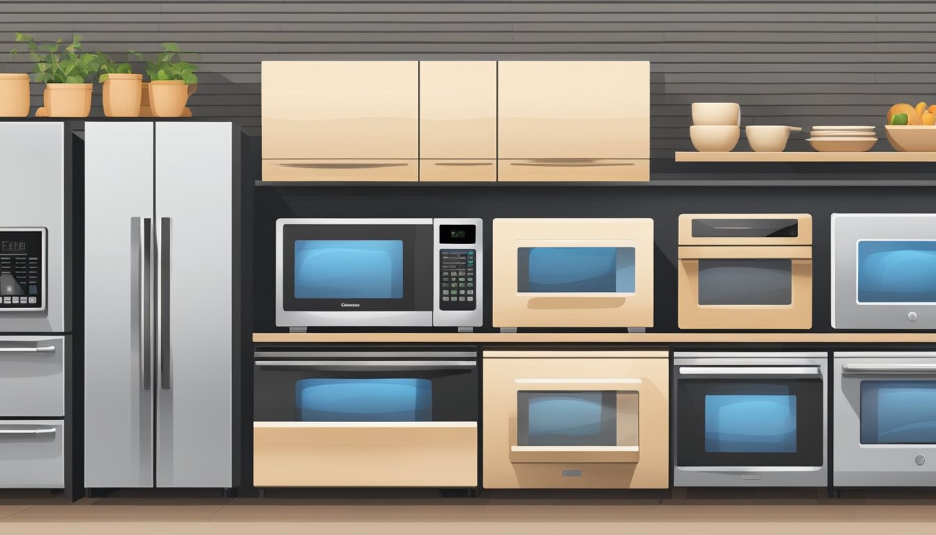 A variety of microwaves in different sizes and types are displayed on shelves in a kitchen appliance store