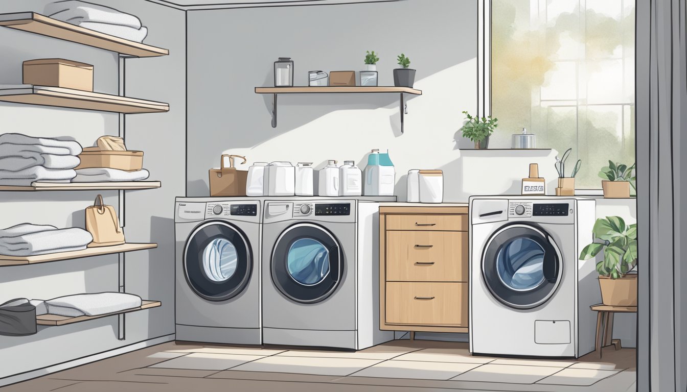 A stackable washer dryer combo sits against a white wall, surrounded by neatly folded towels and laundry detergent. A sign above it reads "Frequently Asked Questions washer dryer combo reviews."