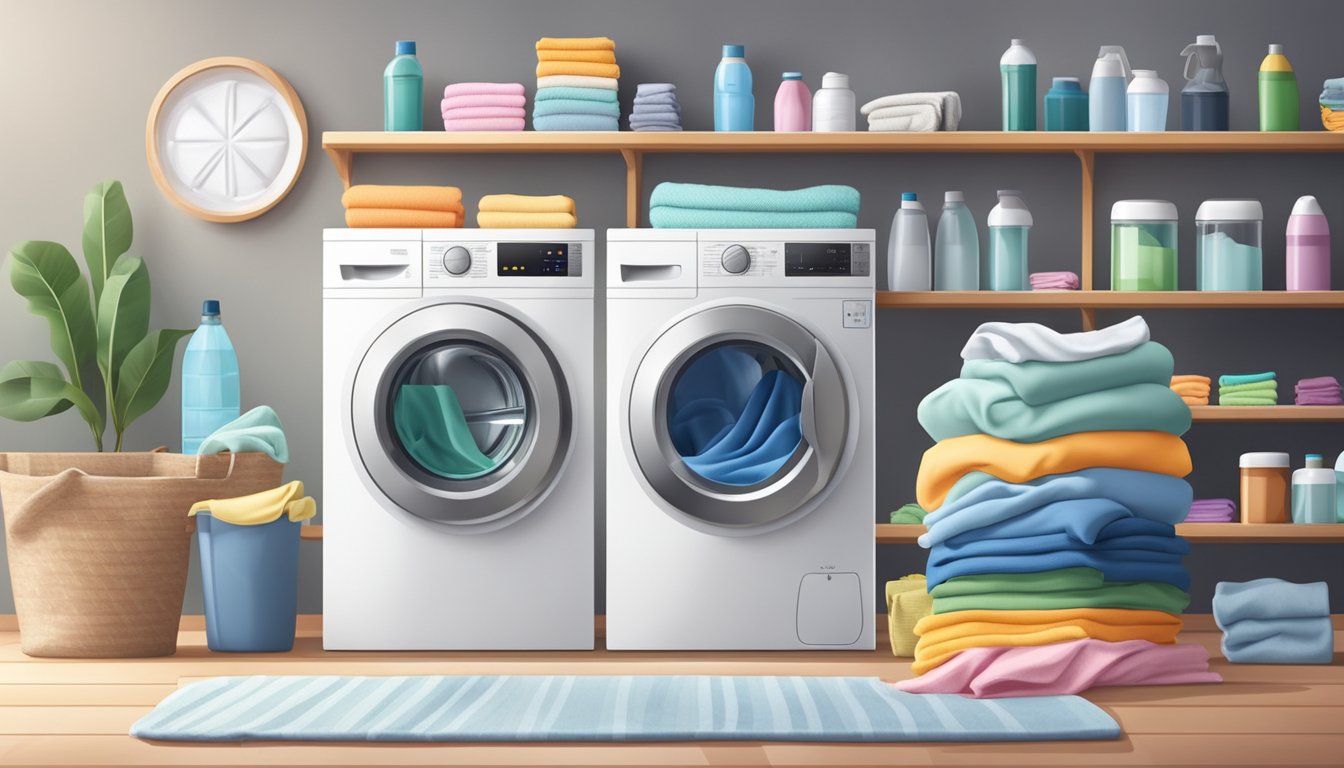 A large, modern washing machine sits in a spacious laundry room, surrounded by detergent bottles and neatly folded piles of clothes