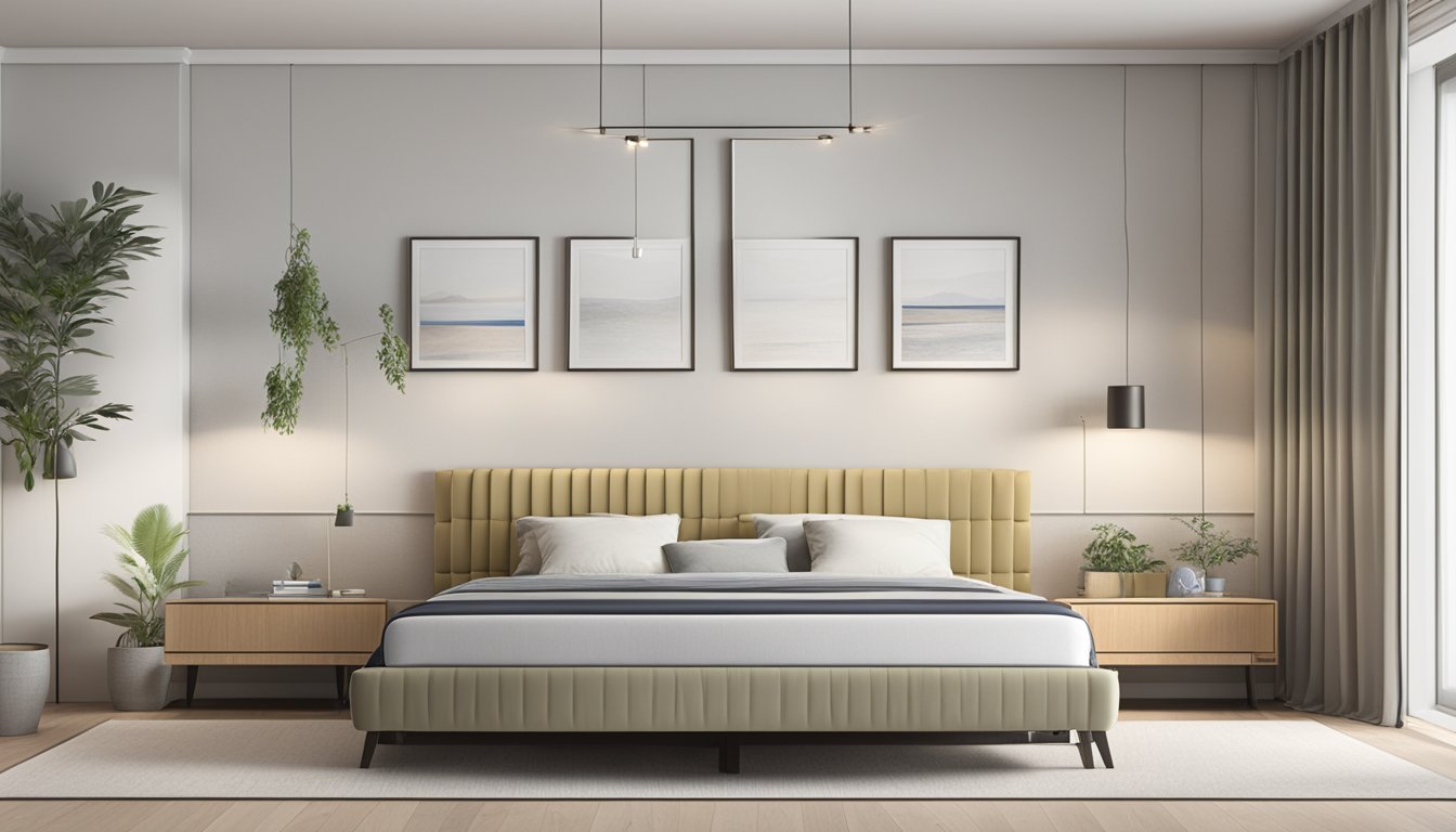 A bedroom with a variety of mattress sizes displayed against a neutral backdrop, with clear labels and dimensions for each size