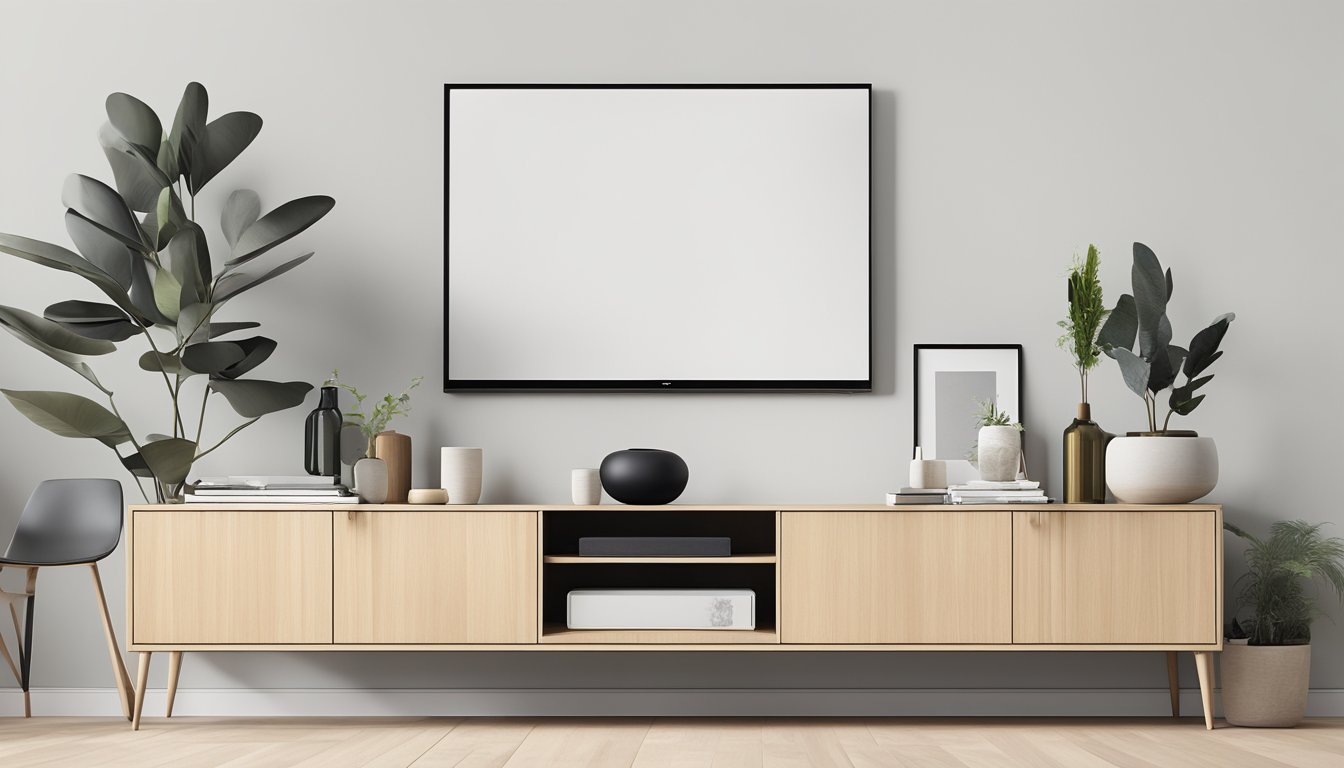 A sleek, minimalist Scandinavian TV console with clean lines and light wood finish sits against a white wall, adorned with a few carefully curated decorative items