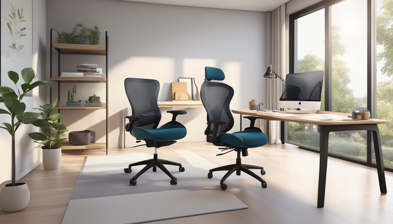 A study chair in a well-lit room with a sleek design, ergonomic features, and a sturdy frame