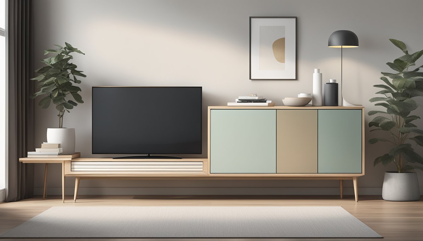 A sleek, minimalist Scandinavian TV console stands against a backdrop of clean, modern lines and muted colors, exuding a sense of understated elegance and functionality